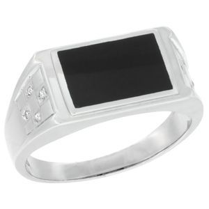 Mens Sterling Silver Rectangular Black Onyx Ring Checkerboard Sides & Cubic Zirc